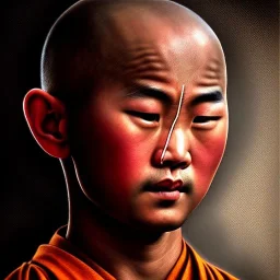 Portrait d'un jeune moine Shaolin, sombre, réaliste, très détaillé.