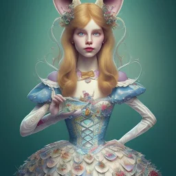 "Alice in the wonderland",dressing Disney style,hairstyle Disney style, detailed eyes, Realistic lighting,elegant,sarcastic smile, by Chie Yoshii,Brian Kesinger,Gediminas Pranckevičius,Kilian Eng