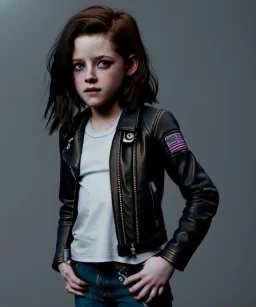 Kristen stewart toddler, full body, leather jacket, dramatic lighting, hyper realistic