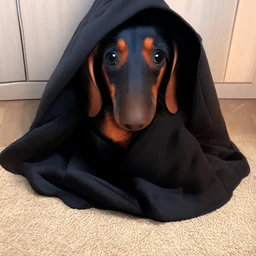 Make a disney style picture for my puppy with a blanket on her head. realistic disney setting, black and tan dachshund