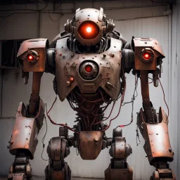 trash mech suit, human-sized, made of scrap metal, cockpit, light rust, round, one red glowing eye, loose wires