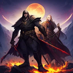 Sauron, the mighty lord of darkness, standing on a rock in the dark land of Mordor, a super-hero man of infinite power and technology of the galactic race, with a great army, a large moon disk behind him, and a fiery sword in his hand