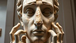 Rostro humano compuesto por fragmentos de esculturas clásicas —narices de mármol, manos rotas, ojos vacíos— reorganizados en una nueva identidad escultórica; estética surrealista con iluminación museística
