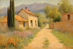 sunny day, mountains, trees, dirt road, flowers, spring, countryside, adobe house, friedrich eckenfelder and hans am ende impressionism paintings