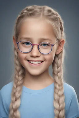 8K Ultra-HD, Hyper Realistic, Photorealistic, Realistic, focused, Clear, Extremely Detailed, beautiful, Cinematic, proportionate, full color, headshot image of a smiling 8-year-old girl with long blonde hair, pulled back into braids, wearing a pair of blue round lensed glasses, and a pink and blue button t-shirt, big happy smile,