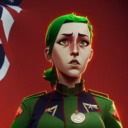 War propaganda of a patriotic female soldier wearing green w red lights full torso wearing medals and a biplane overhead flying in the background