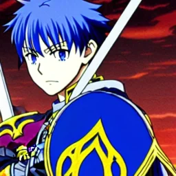 fire emblem, anime, screenshot, ova, 90s anime, marth, boy, blue hair, prince, sword, fantasy setting, fire emblem marth, fullbody, with background