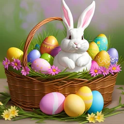 easter bunny with easter eggs and flowers in a basket