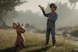 Boy character with creative trophy with his hand like winner