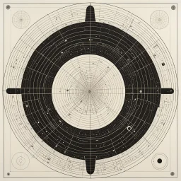 geometry collider, abstract art, by Agnes Martin and Arthur Secunda, silkscreened mind-bending illustration; sci-fi diagram, asymmetric, dark metallic color scheme, maximal, Braille language textures, morse code runes