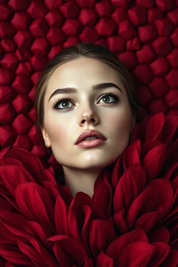 A hyper-realistic, surrealistic portrait of a beautiful woman lying on a richly textured, crimson hexagonal-patterned background. Her eyes are wide open, gazing slightly upward with an intense and enigmatic expression, adding tension and ethereal allure. Her lips are slightly parted, skin porcelain-smooth, and her high cheekbones are accentuated by the soft interplay of light and shadow. She is wrapped in deep red, sculptural fabric resembling petals or flames — voluminous, pleated textures env