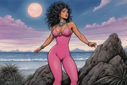 [art by Kevin Eastman and Peter Laird] the surprised Urvāśī, 24-years-old a celestial nymph (apsarā) famed for her divine beauty and allure. wearing a pink one-piece swimsuit , poised on hands and knees, the overcast sky in the background, vintage 1980's photo
