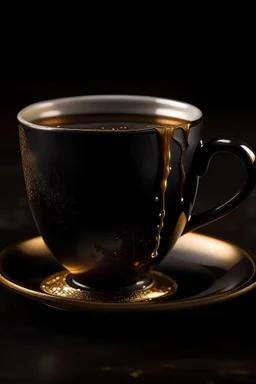 This perfect coffee mug is made of ceramic, glowing with a warm dark brown color. The cup is filled with rich black coffee that slowly drips from the top rim of the cup. On the side of the cup stands a golden, thin-crusted croissant, sprinkled with tiny drops of brown sugar on top. The cup is surrounded by threads of fragrant steam that rise slowly, enhancing the appeal of this exceptional moment to enjoy a cup of coffee and a croissant.