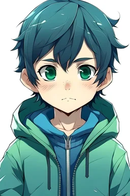 Anime child boy with greenish blue jacket. black hair. With a relaxed face