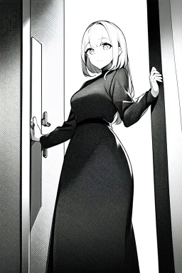 girl is standing outside a door, wide angle view, greyscale