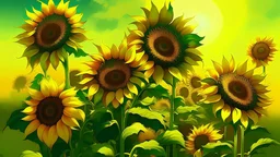 This is a digitally created artwork featuring a vibrant field of sunflowers. The image showcases a cluster of 10 sunflowers in full bloom, each with a large, circular, dark brown center and bright yellow petals radiating outward. The sunflowers are tall, with sturdy, green stems and broad, green leaves at their base. The background consists of a gradient sky transitioning from a deep orange near the horizon to a lighter, more golden hue towards the top, suggesting either a sunrise or sunset. The