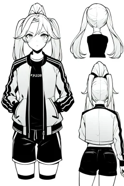 blonde girl with ponytails dressed in a jacket and shorts walks briskly, front view, greyscale