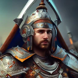 portrait of a warrior with turk man themed armour, extremely detailed, UHD, 8k,The close-up camera effect,sharp focus, perfect position,hyperphotorealistic, unreal engine 5, octane render