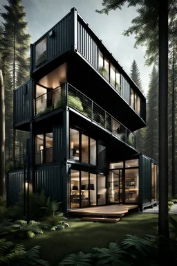 Medium-sized house in the woods made from shipping containers, photorealistic