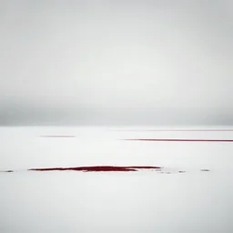 A captivating hyper minimalist photograph of a barren snow-covered field on a grey day with a tiny asymmetric crimson stain in the far lefthand side. The overall color palette is muted, with a small splash crimson contrasting against the white snow. The field stretches out in a long shot, creating a sense of isolation and desolation