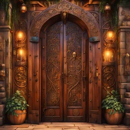 Massive wooden door with lots of details and magical symbols that is the entrance to a hidden magical market. Harry Potter. Magical. Epic. Dramatic, highly detailed, digital painting, masterpiece