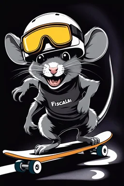 A rat on a skateboard, with glasses and a helmet; the rat laughs; fire coming from behind; cartoon style White ando black colors, with the text "FISCALIA COLOMBIA"