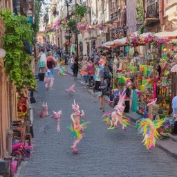 A magical street, a cobblestone street, shops and vendors on both sides of the street, unicorns on the street, little forest fairies flying, a minotaur eating ice cream, a baby gorgon playing soccer.