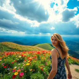 beautiful Green hills covered with flowers colorfull ,blue sky heavy clouds with godray ,very nice flowers at closeup ,wonderfull mountains at distance,beautiful lady look at camera ,walking to wards camera