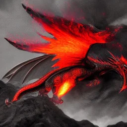  dragon full body flying with black, opaque scales, volumetric lighting, photo realistic, dark fantasy, dramatic, ferocious, spitting red hot fire out of it's mouth over the ocean with a erupting volcano that is leaking through the sides, dramatique middle ages