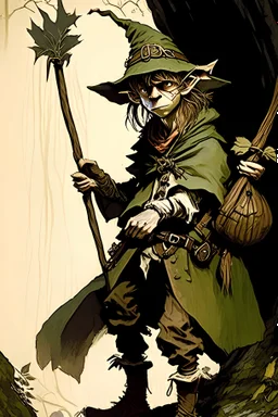 Snufkin from moomin's pictured as Dungeons and Dragons styled tall wood elf with a longbow on his hands