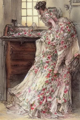 beautiful woman is ironing in beautiful floral dress in a luxurious room by Jean-Baptiste Monge, watercolor and ink