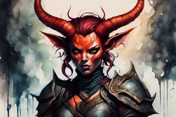 highly detailed, oil and watercolor underpainting concept illustration of a female Tiefling seeress character , maximalist, sharp focus, highest resolution, in the styles of Alex Pardee, Wayne Reynolds, Denis Forkas , and Masahiro Ito, boldly inked, 8k, coarse, gritty textures