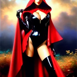 fullbody portrait 'beautiful sexy busty mature Red Riding Hood',wearing black skintight latex suit,hyperrealistic skin,Hyperrealistic Big eyes,painting by gaston bussiere, greg rutkowski, yoji shinkawa, yoshitaka amano, tsutomu nihei, donato giancola, tim hildebrandt, oil on canvas, cinematic composition,sharp image, extreme detail,((fit full head inside picture)),32k