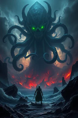 Create image depicts a dark, bdystopian landscape engulfed by a colossal, entity rising from a chaotic sea. The massive creature, with glowing green eyes and numerous tentacles, looms menacingly over the scene, creating an apocalyptic atmosphere. Its many sharp claws and writhing tendrils emerge from the ocean, symbolizing unstoppable destruction. In the foreground, a humanoid figure stands defiantly amidst the chaos, appearing to battle the monstrous force. This figure is clad in alie