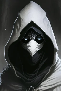 dungeons and dragons man wearing black robes and hood wearing a white mask with eyeholes