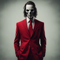 a sinister figure wearing a red suit with a red tie with no face and dirty hair