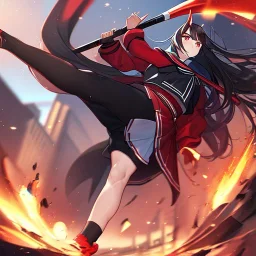 Clear focus,High resolution, Black long hair, Red eyes, Red horns, Wearing a black and red sailor uniform, Swinging a baseball bat, Looking away from the viewer, Full body, Kicking