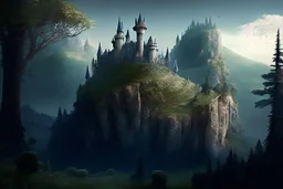 fantasy castle on hill from afar surrounded by forest