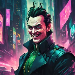 Loki grinning maniacally, in cyberpunk art style, background new york