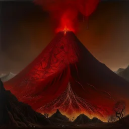 A dark orangish red volcano with spewing fire designed in native American petroglyphs painted by Henri-Robert Bresil