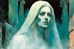 create an imaginative print illustration of the pale translucent ghost of an ancient female Oracle, Pythia with finely detailed hair and feminine facial features, in the ruined city of the dead , in the comic book art style of Bill Sienkiewicz, Mike Mignola, and Jean Giraud Moebius, finely textured, drawn, colored, and inked, suffused with dark foreboding shadows