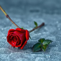 A Realistic Looking Beautiful Red Rose With Water Droplets On Its Petals With Its Branch Lying On A Frozen Floor.