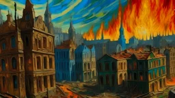 A close-up view of a burning american city and destroyed buildings in the colors of Van Gogh's paintings