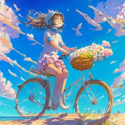 A girl is riding a bicycle on the beach. His cat is sitting in the front basket of the bicycle. Spring flowers can be seen everywhere. Beautiful blue sky with white clouds - kites in the sky. sense of peace. digital art, anime, 8k, full details, colorful, high resolution