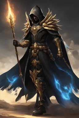 A commander with a black cloak and a long coat with long combat boots and a long spear with his Helmet is golden under his cloak like assasins With a magical power in his hand and a white anklet and boots With blue flame eyes,It has two black wings on its back