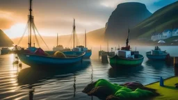 Colourful fishermen’s boats anchored in a harbour in the Faroe Islands near a fishing village, fishermen putting fishing nets on their boats, peaceful, mist in the distance over the calm sea, early morning, sunrise, beautiful romantic photograph, excellent composition, atmospheric, realistic