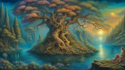 Imaginary landscape trees. . And he sells. Meh. lake.Underwater ..Sky Falls ornamental perfect anatomy, fantasy, vibrant digital art professional award winning masterpiece, oil on canvas Atmospheric extremely detailed Josephine Wall