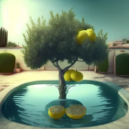 Create realistic and mesmerizing real life photo of a lemon tree and swimming pool