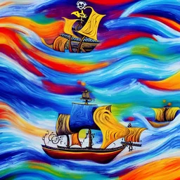 an abstract painting of pirate ships, high waves, colorful, highly detailed