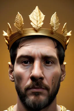 Realistic image, sculpture, white marble material with gold veins, Lionel Messi, gold laurel leaves crown, gold ornaments, Renaissance style, sun rays background, waist up portrait, epic, celestial, cinematic lighting, God lights, 4k resolution, smooth details, soft lighting, unreal engine 5, art station, substance 3d.